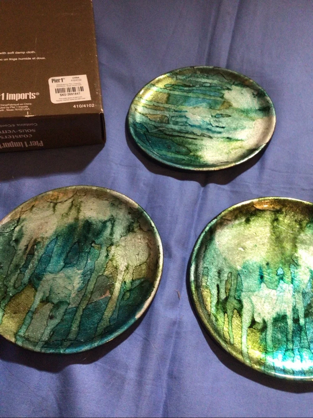 Pier 1 Coaster Set 5 Blue Green Gold Beachy Coasters w/ Box